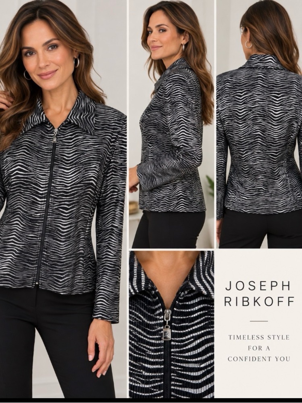 Vintage Joseph Ribkoff Black Silver Metallic Wave Print Zip Jacket Blazer